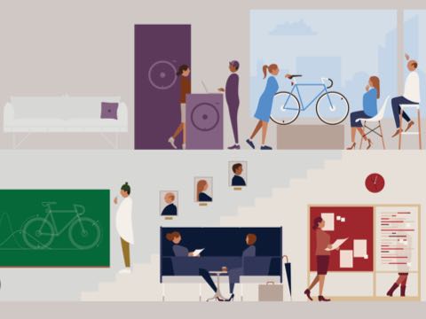 Six animated vignettes showing various work settings, Herman Miller furniture, and people interacting.