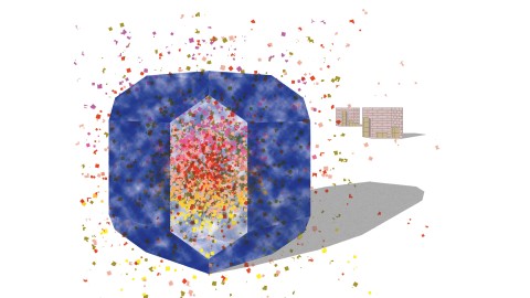 An abstract illustration suggestive of confetti emitting from a polygon.