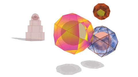 An abstract illustration showing three polygons of various colors next to an element resembling a layer cake.