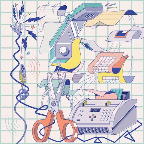 An illustration of office tools, including a printer, scissors, and USB plug. An illustration of office tools, including a printer, scissors, and USB plug.