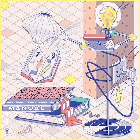 Colorful illustration of a personified floor lamp holding a shade in one hand and a tablet computer in the other. Colorful illustration of a personified floor lamp holding a shade in one hand and a tablet computer in the other.