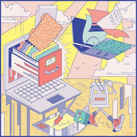 Colorful illustration showing a binder and an open file drawer. Colorful illustration showing a binder and an open file drawer.