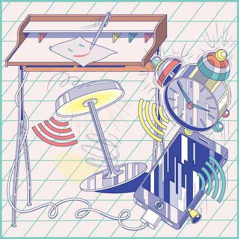 Colorful illustration showing a lamp, alarm clock, smartphone, and Nelson Swag Leg Desk. Colorful illustration showing a lamp, alarm clock, smartphone, and Nelson Swag Leg Desk.