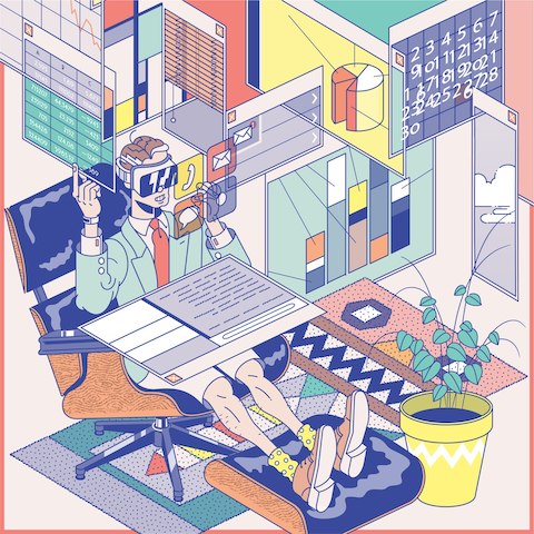 Colorful illustration of a man wearing a virtual reality headset while sitting in an Eames Lounge Chair and Ottoman. Colorful illustration of a man wearing a virtual reality headset while sitting in an Eames Lounge Chair and Ottoman.