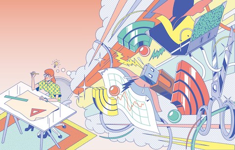 Illustration of a woman working at a desk, with a lightbulb over her head and a thought bubble containing imagery from her brainstorm. Illustration of a woman working at a desk, with a lightbulb over her head and a thought bubble containing imagery from her brainstorm.