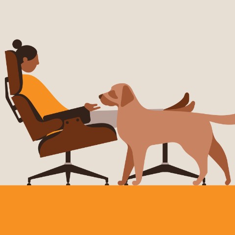 In this illustration, a woman sits in an Eames Lounge Chair and Ottoman and pets a dog. 