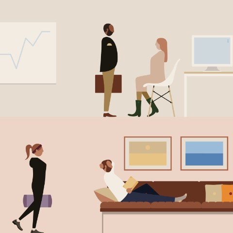 Een illustratie van een Plaza instellen in een kantoor landschap. Een vrouw draagt een paarse yogamat. Een man lounges op een bruine Tuxedo-bank. Een illustratie van een Plaza instellen in een kantoor landschap. Een vrouw draagt een paarse yogamat. Een man lounges op een bruine Tuxedo-bank.
