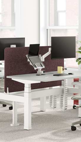 Nevi Link Sit-Stand two-desk configuration in white with a maroon-colored fabric screen, Lima Monitor Arm and Laptop Mount.