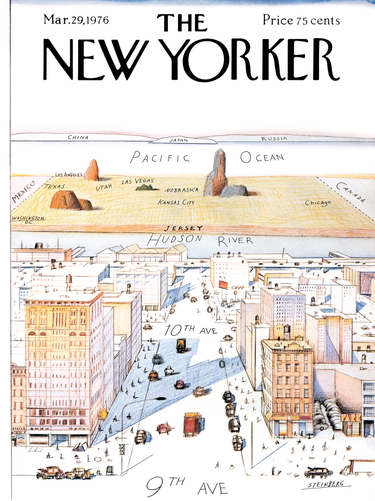 An illustrated New Yorker magazine cover featuring a few of NYC and the rest of the world from 9th Avenue, with everything beyond the Hudson River as sparse fields and the Pacific Ocean
