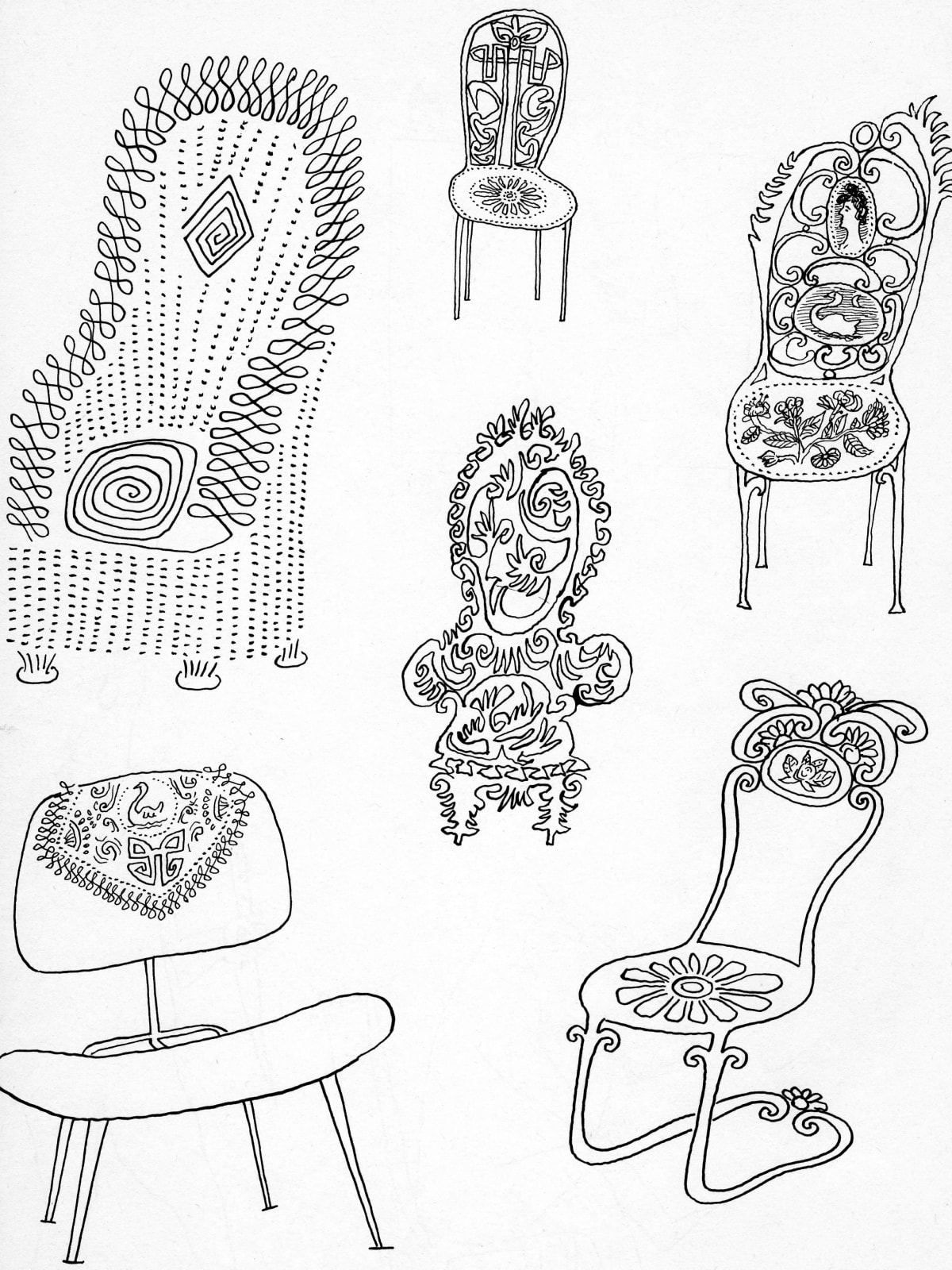 A black-and-white drawing of six chairs: a flamboyant wicker wing chair, another an ornately carved Victoiran armchair, and an Eames DCM with the witty addition of an antimacassar—a decorative, frilly piece of cloth that protected the top of an armchair from men’s hair oil (also known as macassar oil).