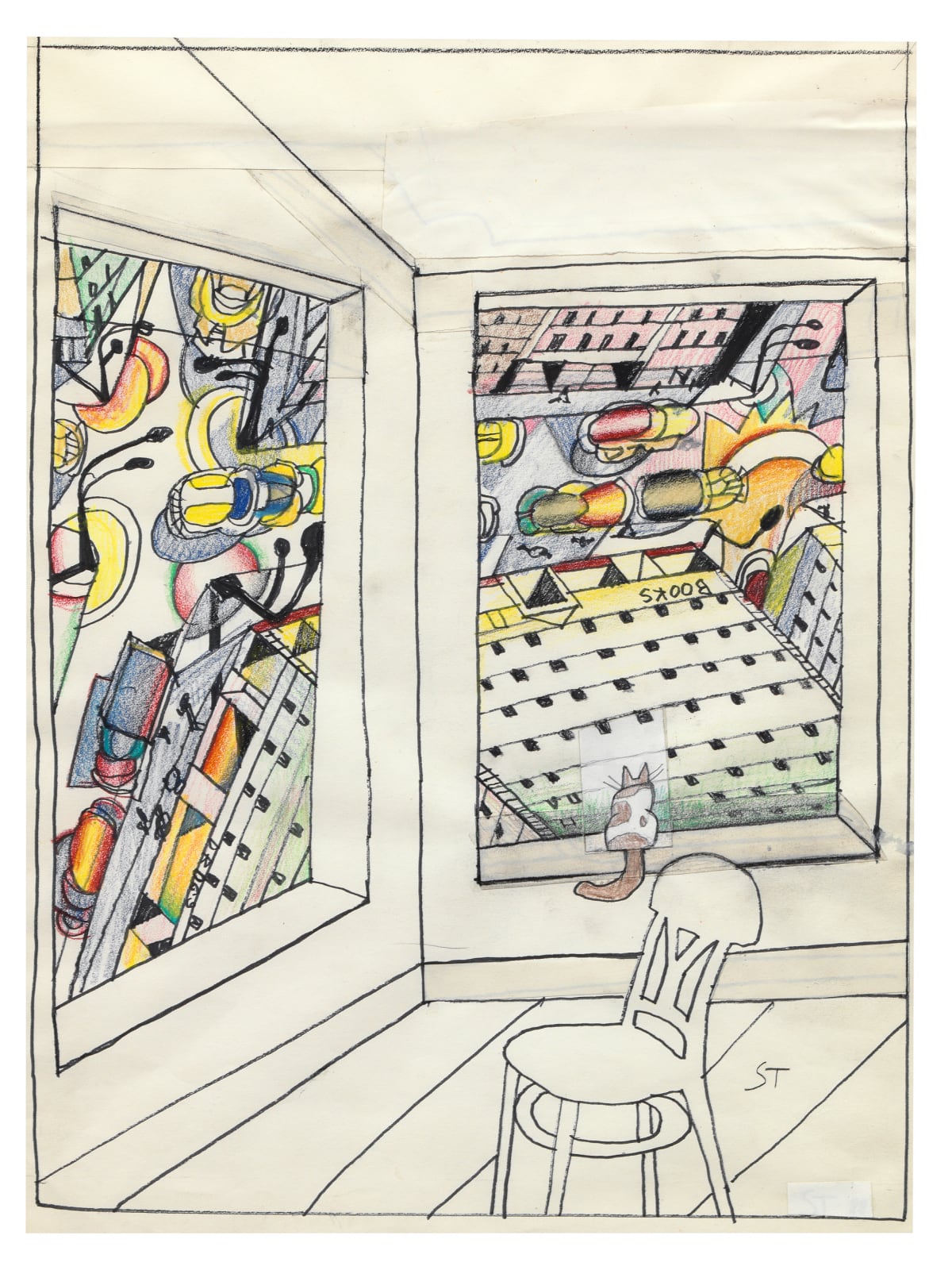 A drawing featuring a cat perched at a window, inside a plain white room. He’s taking in the sights, which are zig-zagging and jagged, brilliant in color, non-stop and exciting. We can see a bookstore in one corner, which appears to us upside down.