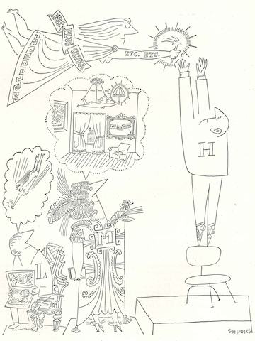A black-and-white archival drawing of the three different "brows" as men: Lowbrow on the left, sitting in a chair and reading a folded paper; Middlebrow in the middle, grandly dressed and thinking about being highbrow; and Highbrow on the right using a modern chair as a stool to reach up to a flying god with the writing "Nec plus ultra" written on a sash.