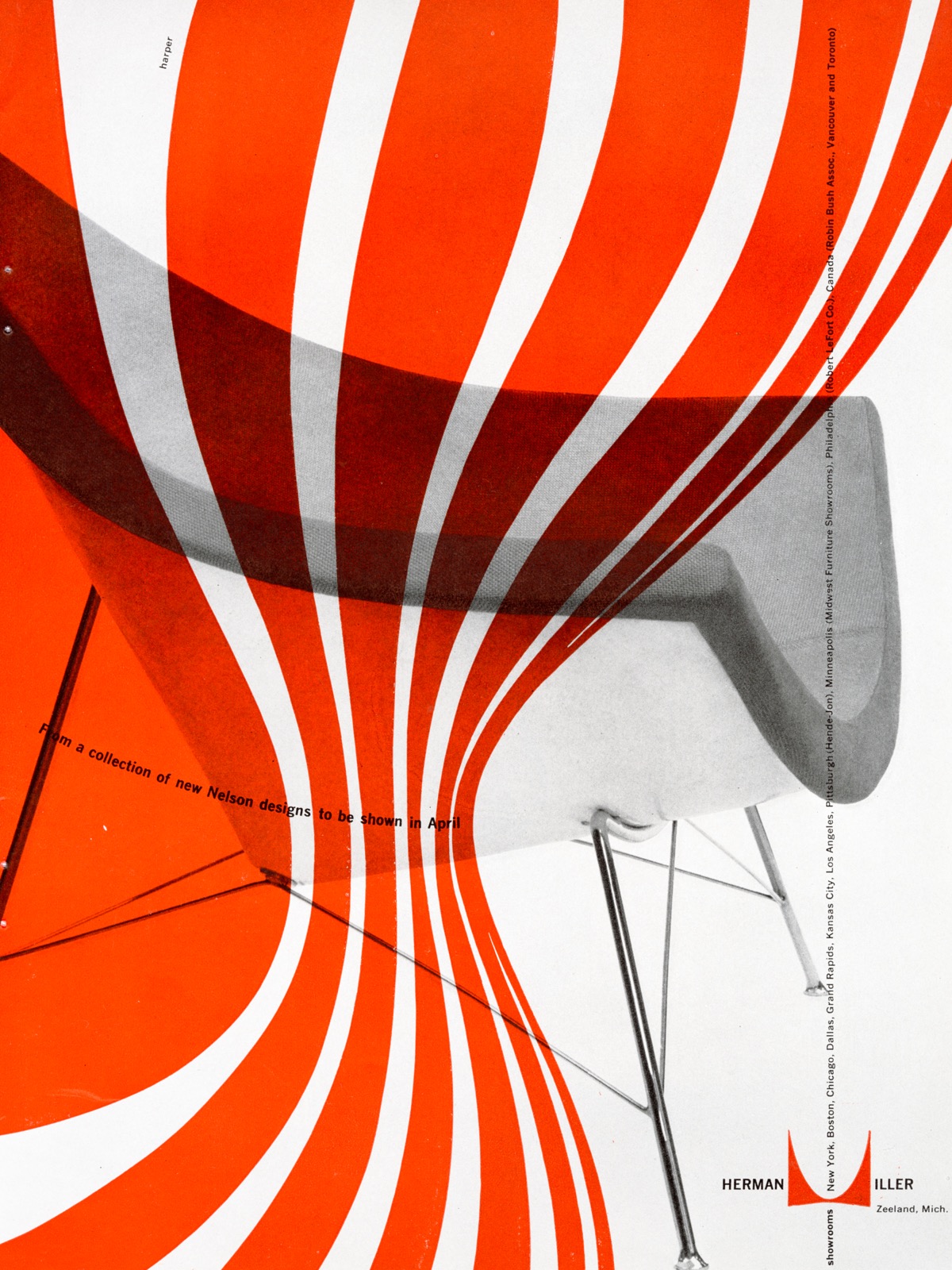 A vintage advertisement for the Nelson Coconut Lounge Chair featuring a black and white image of the chair with an overlay of energetic orange graphics. 