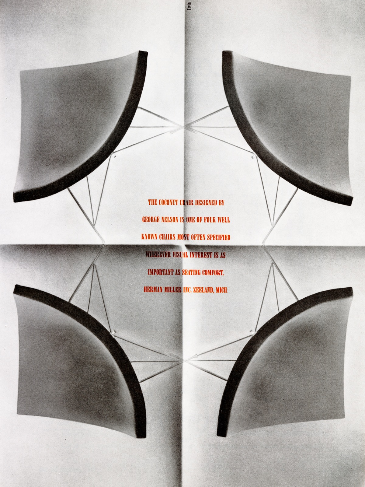 A vintage advertisement for the Nelson Coconut Lounge Chair featuring four chairs arranged in a kaleidoscope pattern around text that highlights the visual interest and comfort of the design. 