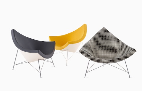 Three of the various material combinations now available on the Nelson Coconut Lounge Chair: black leather, vibrant upholstery, and classic Alexander Girard-designed textiles such as Girard Minicheck. 