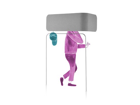 Discretion Barrier by Gino Santaguida. The Discretion Barrier solves a problem common in many office environments—disruption by people talking on the phone. The simple design provides enough of a physical and acoustic barrier to offer privacy without isolation. The frame enables an additional layer of privacy with added functionality as a coatrack. Relationship Focus: Digitally Mediated Discretion Barrier by Gino Santaguida. The Discretion Barrier solves a problem common in many office environments—disruption by people talking on the phone. The simple design provides enough of a physical and acoustic barrier to offer privacy without isolation. The frame enables an additional layer of privacy with added functionality as a coatrack. Relationship Focus: Digitally Mediated