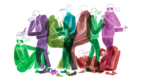 An illustration of eight abstract humans. Select to go to an article about Herman Miller's partnership with the Rochester Institute of Technology.