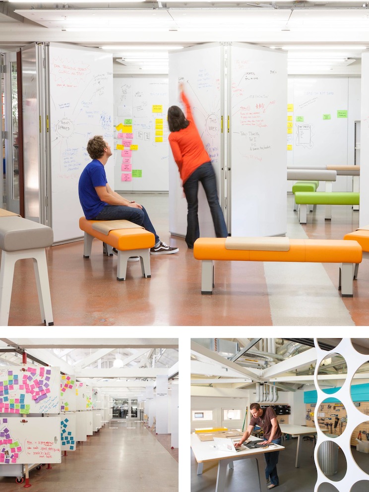 Views of the flexible spaces within the Hasso Plattner Institute of Design at Stanford, or 