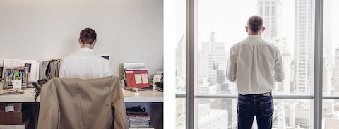 A desk scene and city view from the offices of Fast Company magazine in the new World Trade Center building.