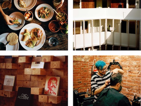 Clockwise from top left: An epic lunchtime spread at Parnita; the louvered interior courtyard at Hotel Condesa DF; artful retail display/reading recommendations at Casa Bosques; a shave and a haircut at Goodbye Folk.