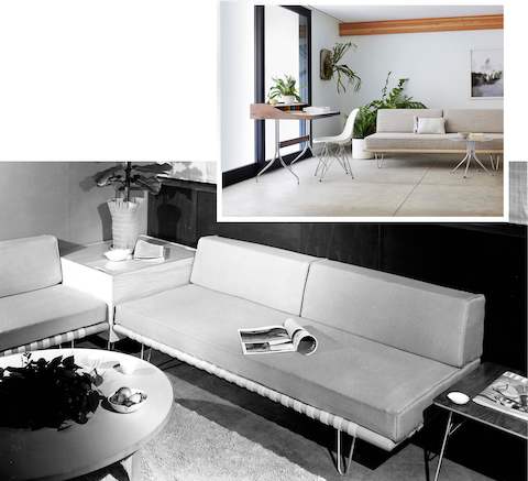 The archival Nelson Daybed, used as a sofa in a living room setting, complete with back bolsters and classic hairpin legs. The archival Nelson Daybed, used as a sofa in a living room setting, complete with back bolsters and classic hairpin legs.