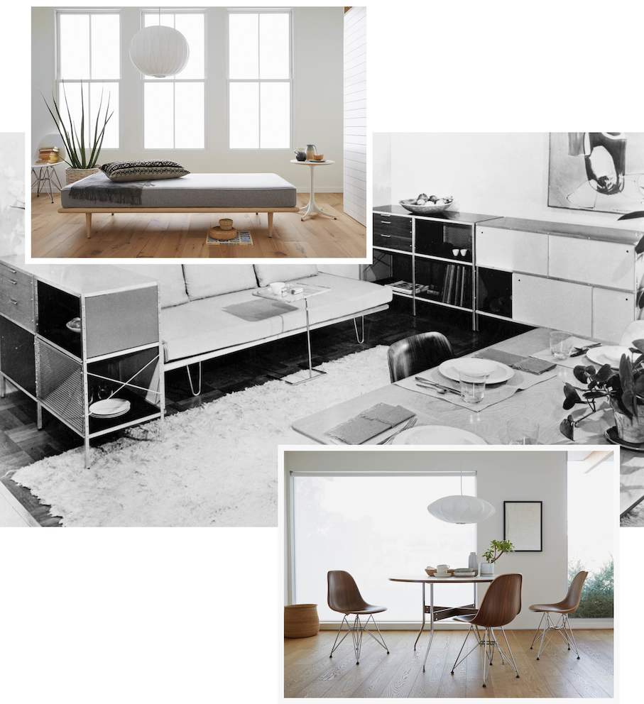 The archival Nelson Daybed from the 1950s in a dining/living area set up with Eames Storage Units. The archival Nelson Daybed from the 1950s in a dining/living area set up with Eames Storage Units.