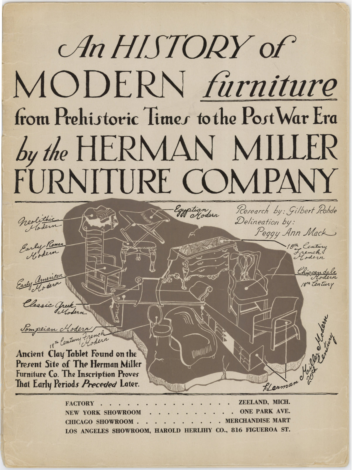 アンティークの複製家具とモダンな家具を描いたモノクロのイラストを特徴とする、ハーマンミラーの宣伝用パンフレットモダンデザインを擁護するテキスト
