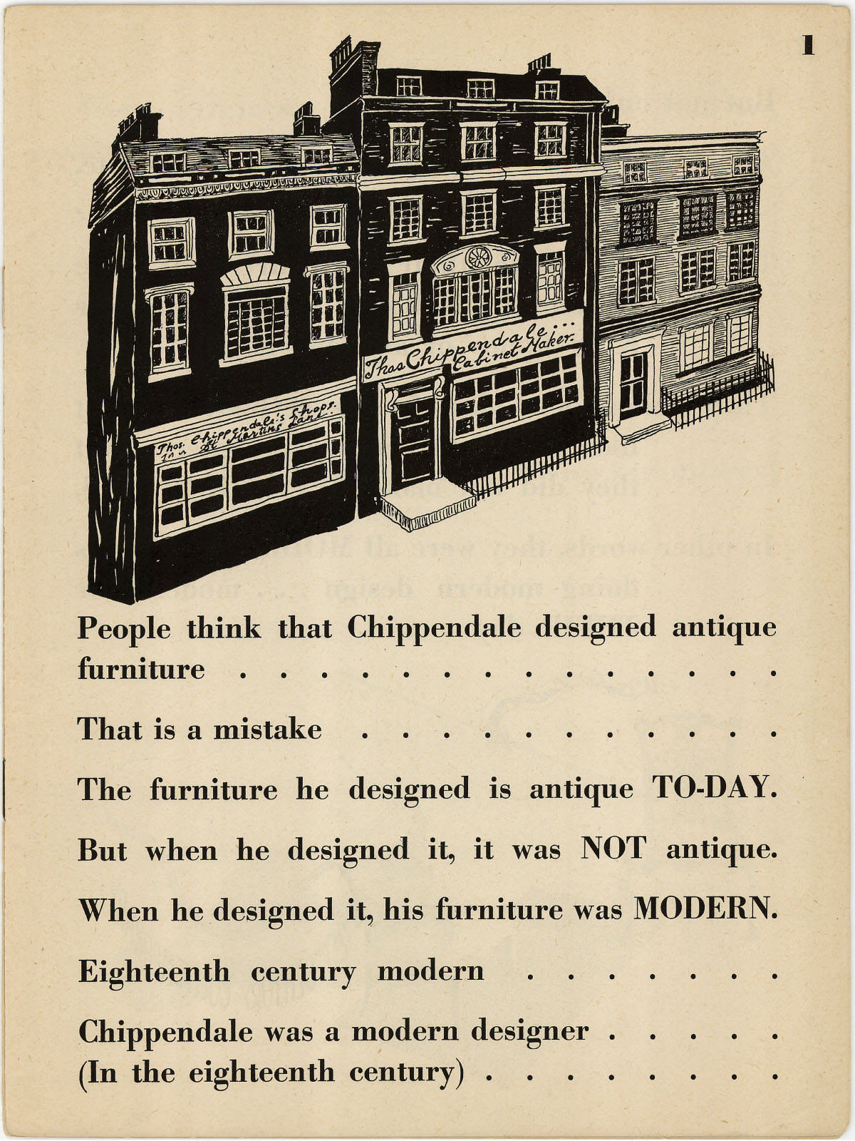 Herman Miller promotional booklet featuring black and white illustrations of antique reproduction furniture alongside modern furniture. Text advocates for modern design.