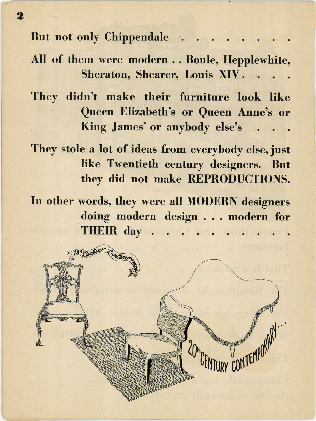 Folleto promocional de Herman Miller con ilustraciones en negro y blanco de reproducciones de mobiliario antiguo junto a mobiliario moderno. El texto promueve el diseño moderno.