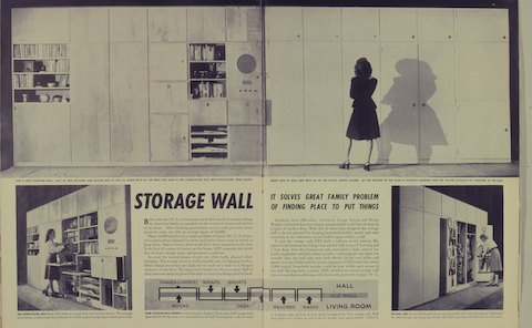 ネルソンストレージウォールを紹介するテキストと、ウォールキャビネットの前に立ってシステムのストレージコンポーネントを紹介する女性の画像3枚を掲載した雑誌の見開きページ
