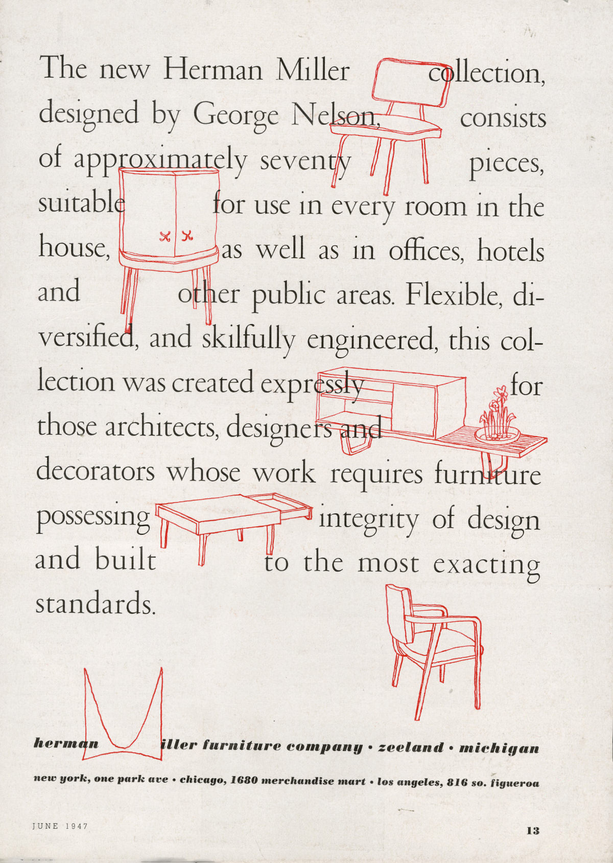 Illustrations of furniture pieces, including items from the Basic Cabinet Series, are interwoven within promotional text describing George Nelson’s first collection for Herman Miller.