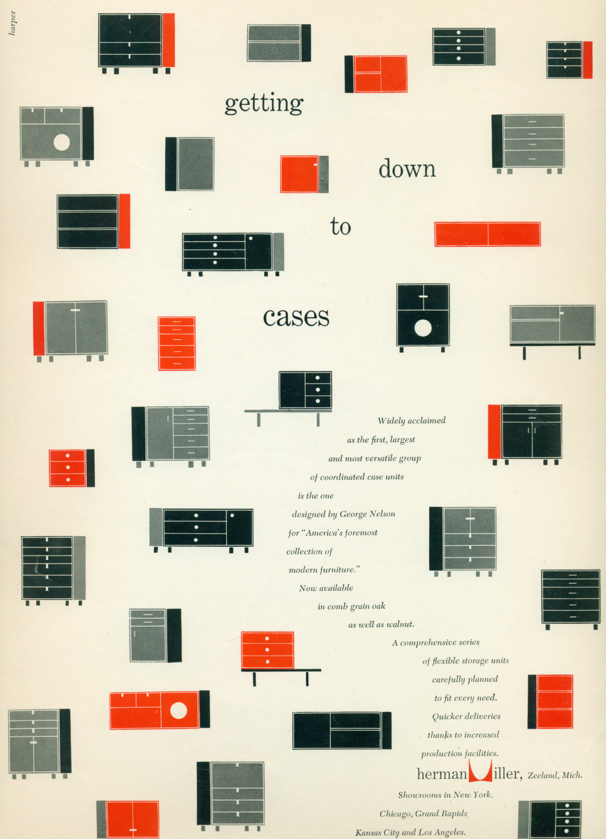 Representações gráficas em vermelho, preto e cinza de diversas combinações da série Nelson Basic Cabinet em torno de um texto promocional que serpenteia pelo anúncio.
