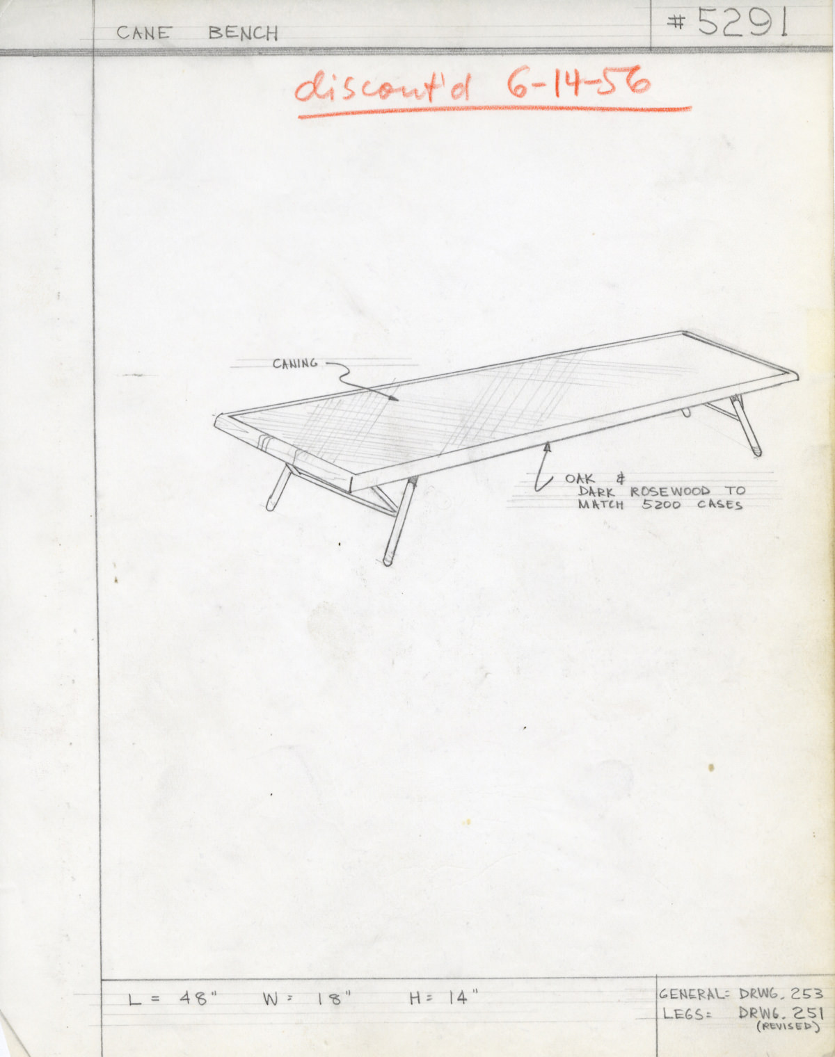 Design drawing of Nelson Cane Bench featuring handwritten labels indicating the product number, measurements, and material notes.