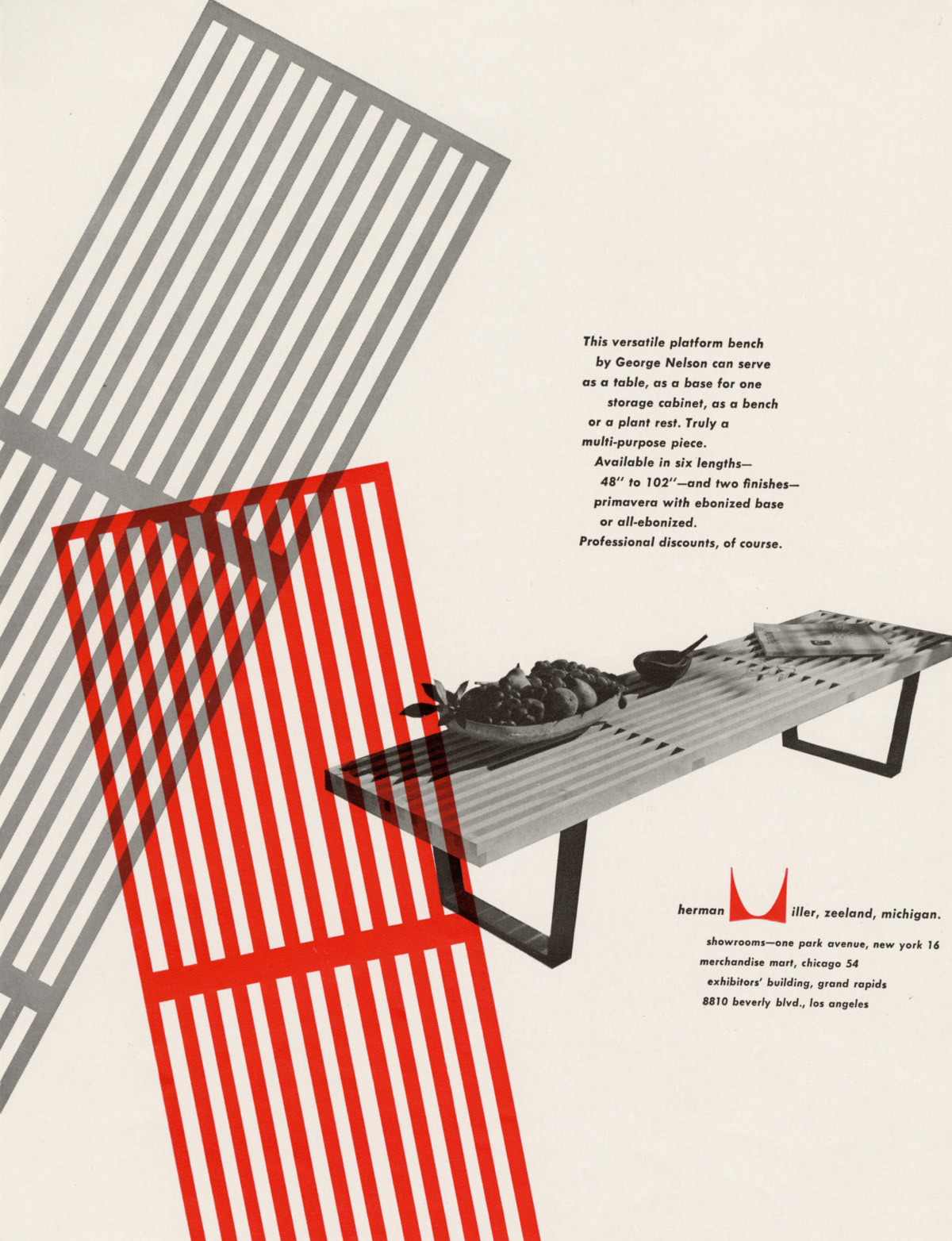 Anúncio com gráficos arrojados em cinza e vermelho na forma do assento do banco Nelson, à esquerda de um texto promocional e uma imagem de um banco Nelson em ângulo apoiando pequenos objetos decorativos.