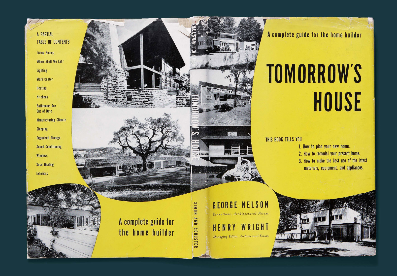 Tapa y contratapa de Tomorrow’s House, donde el título, el autor y el índice aparecen en letra negra sobre un fondo en amarillo irregular que destaca fotografías en blanco y negro de viviendas modernas.