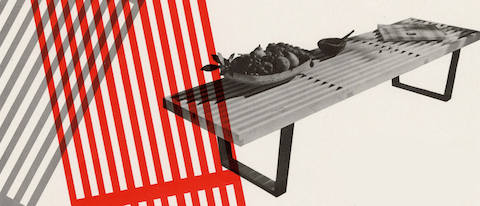 广告中最显眼的是Nelson长凳的凳面阴影里采用灰色和红色大胆搭配的图案，右侧是配搭的促销文字以及斜向摆放的Nelson长凳图片，长凳上放着一些装饰性的小物件。