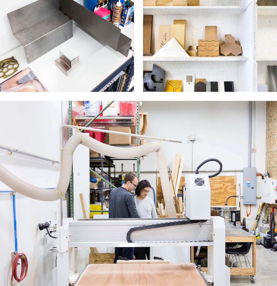 Three images: One of artistic items atop a work surface, one of decorative objects on shelves, and one of two men in a workshop.