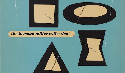 Cuatro formas geométricas que contienen los nombres de destacados diseñadores de Herman Miller junto con las palabras 