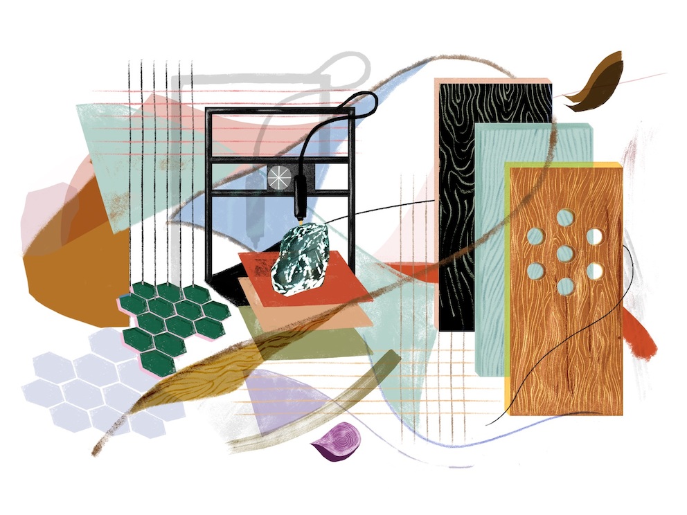 An abstract illustration of various shapes and objects in multiple colours.