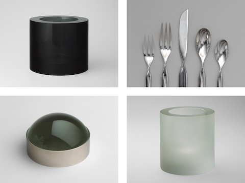  A number of pieces from Ward Bennett's portfolio are part of the permanent collection at MoMA, including a variety of tabletop objects. Clockwise from top left: a black crystal vase for Salviati & C, 1965; stainless steel Double Helix Flatware for Sasaki, Japan, 1985; A lens glass and nickel paperweight for Hermes, 1955; a crystal vase for Salviati & C, 1960. ¬© The Museum of Modern Art/Licensed by SCALA / Art Resource, NY