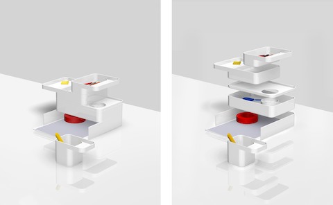 Two images: One of Formwork desktop storage elements stacked on top of one another and an exploded view of the same elements.