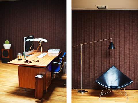 Designed as a study but now used as a TV room and office, Corner decorated this room with a mix of Eames and Nelson pieces including the EOG and Coconut Chair. Designed as a study but now used as a TV room and office, Corner decorated this room with a mix of Eames and Nelson pieces including the EOG and Coconut Chair.