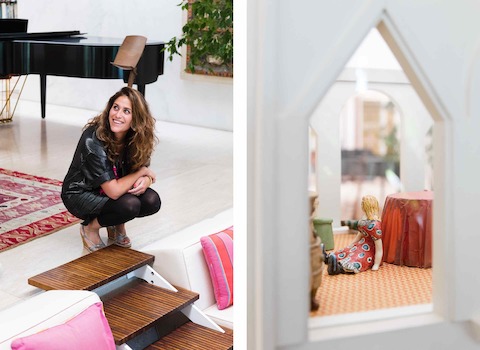 Aleishall Girard Maxon (left), Alexander Girard’s granddaughter, perches at the edge of the conversation pit, for which Alexander’s brother Giancarlo “Tunsi” Girard designed a dollhouse (right).