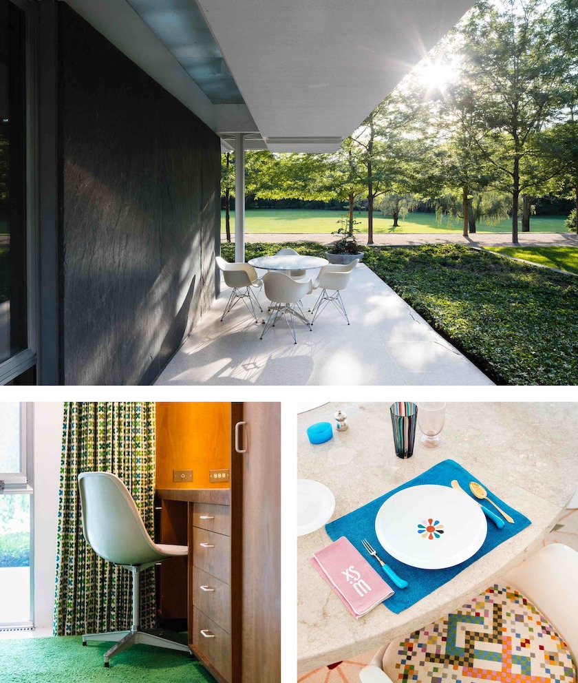 The Miller House is surrounded by a landscape (top) designed by Dan Kiley. The Eames Aluminum Group chairs were actually originally designed as outdoor furniture for the home. Each of the children’s rooms come replete with different colored Quatrefoil curtains (left) by Alexander Girard. Girard enlisted the help of lady-of-the-house Xenia Miller’s bridge club to help execute the needlepoint for the chair cushions at the dining table (right). The plates are a Girard design for Georg Jensen. Aleishall Girard Maxon (left), Alexander Girard’s granddaughter, perches at the edge of the conversation pit, for which Alexander’s brother Giancarlo “Tunsi” Girard designed a dollhouse (right).