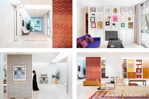 A custom Alexander Girard-designed rug greets guests in the entryway (top left); a hifi system is hidden behind the memento wall in the Millers’ bedroom (top right); and a modified Eames Compact Sofa and brass-based table rank among the many custom furnishings in the Miller living room (bottom right). Though much of the home’s original art has been removed, an original print by op-art pioneer Victor Vasarely (bottom left) remains. Aleishall Girard Maxon (left), Alexander Girard’s granddaughter, perches at the edge of the conversation pit, for which Alexander’s brother Giancarlo “Tunsi” Girard designed a dollhouse (right).