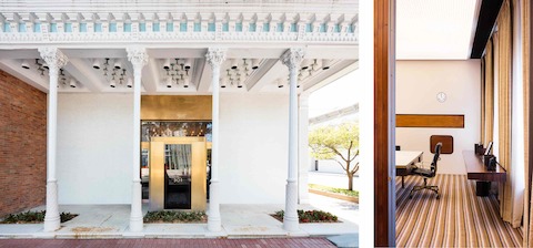 Alexander Girard’s work in downtown Columbus is as striking as at the Miller House. J. Irwin Miller’s office at 301 Washington Street features a futuristic brass vestibule within a Victorian facade (left). Inside the office (right), Girard designed all aspects of the interiors, and added specially-made Eames Aluminum Group chairs with brass details.