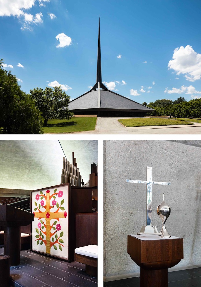 With its hexagonal layout and climbing spire, the North Christian Church (top) was the last design by architect Eero Saarinen and is one of Columbus’s most iconic buildings. Inside the historic landmark are more of Alexander Girard’s fingerprints: he designed the Thai silk “Living Cross” altar cloth (left) and a variety of ritual objects including several candelabras and planters, communion plates, and a silver cross (right).