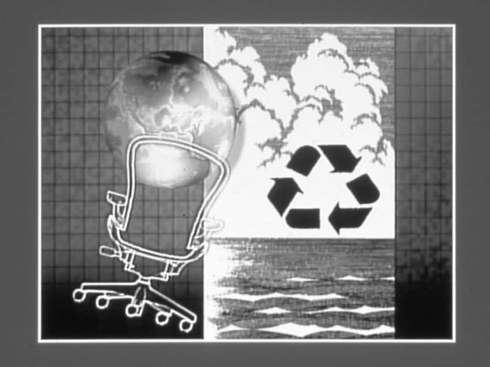 A black and white image featuring an outline drawing of the Aeron Chair superimposed over a globe and a cloud and ocean illustration with the recycling symbol next to it.