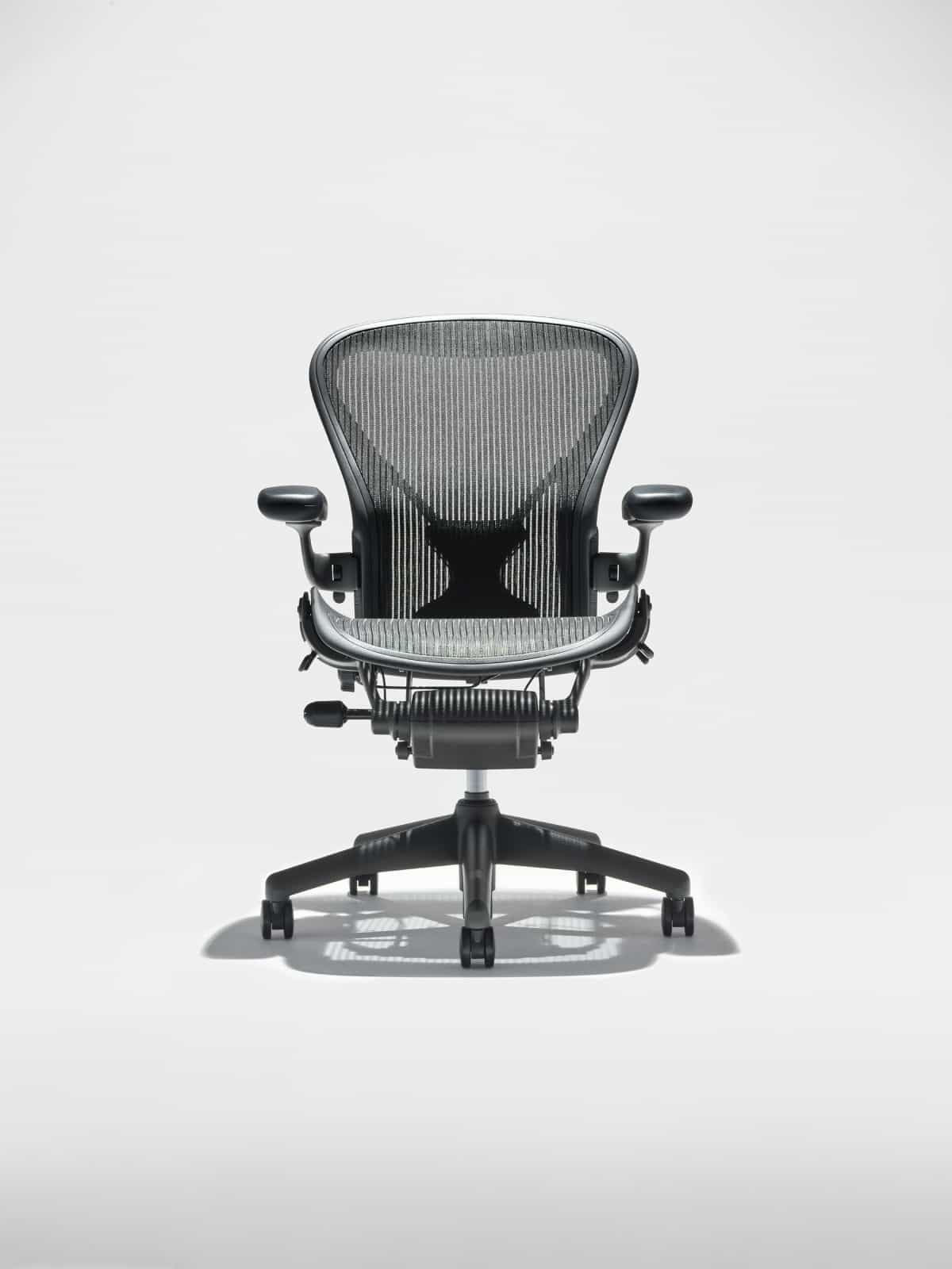 A front view of a black Aeron Chair on white background.