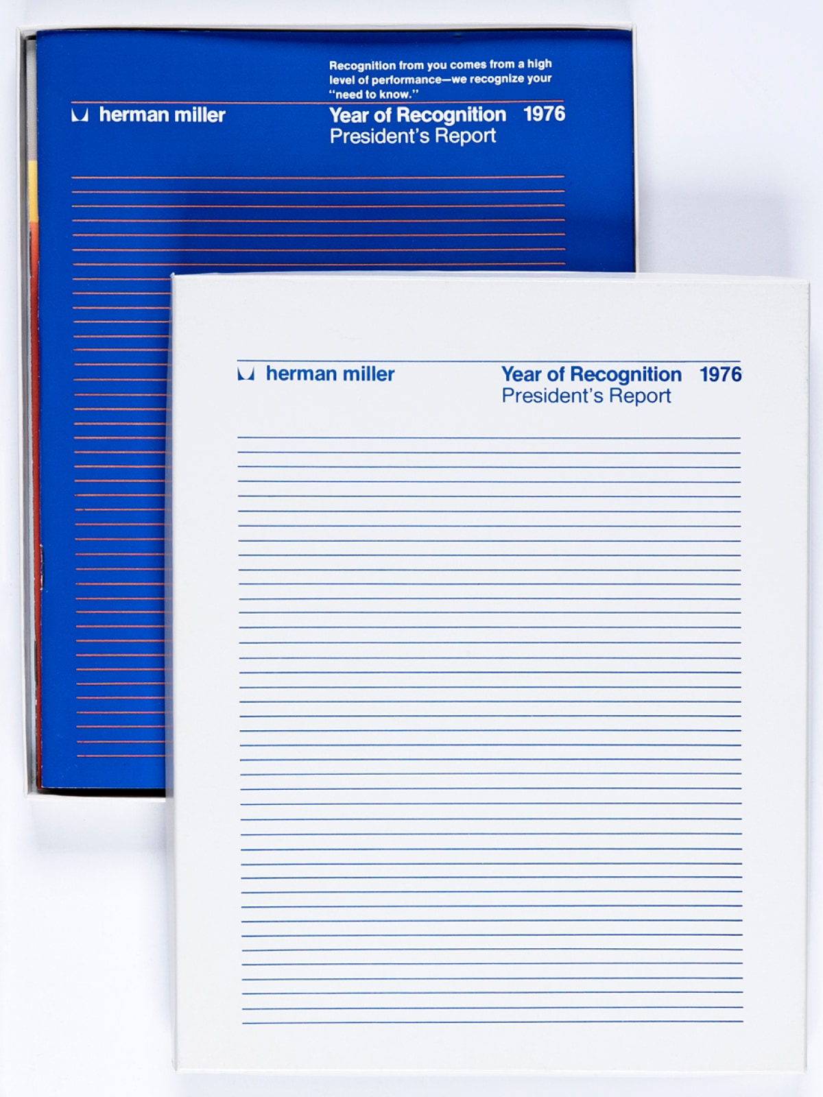On the left, covers of two Herman Miller reports, one that has blue lines on a white background and the other has red lines on a blue background. On the right, a Herman Miller report cover featuring a blue Ergon chair.